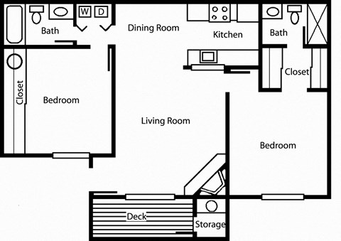 Oak - 2 Bedroom 2 Bath Floor Plan Layout - 918 Square Feet at Woodlake Apartments, Kirkland 98034